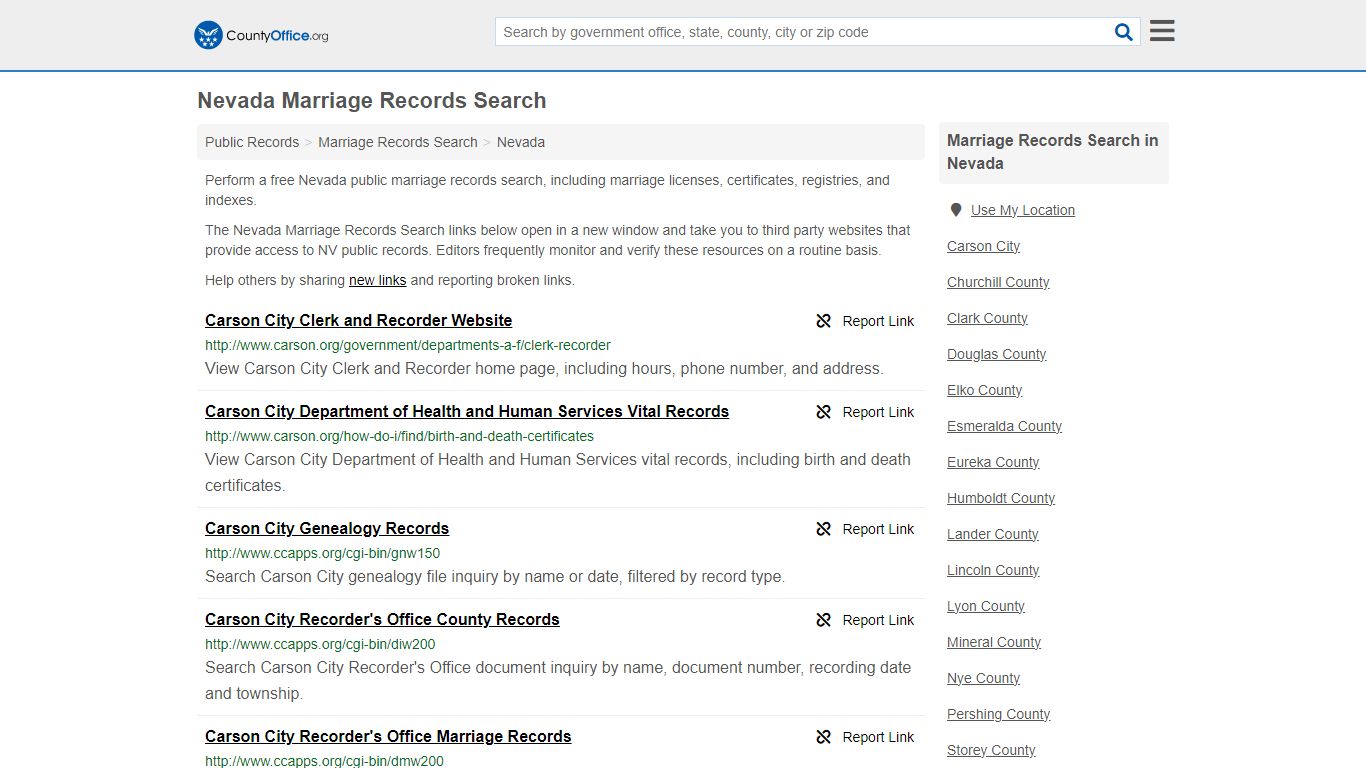 Nevada Marriage Records Search - County Office